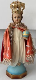 Antique Ceramic Infant Jesus Of Prague Statue With Gold Metal Hat With Rhinestones, Rosery, Satin Clothing