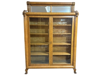Stunning Antique Tiger Oak Carved Lion Head Two Door Mirror Top Glass Front Book Case Claw Feet (as Is)
