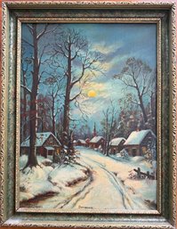 1880's Oil Painting By C. Garling Snow Bound With Ornate Wood Frame