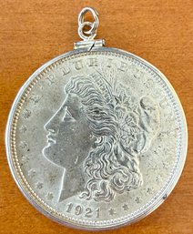 1921 Morgan Silver Dollar With Silver Pendant Hoop