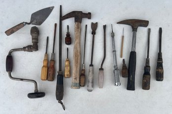 Vintage Tools - Wooden Handle Screwdrivers, Hammer, Hand Drill, And More