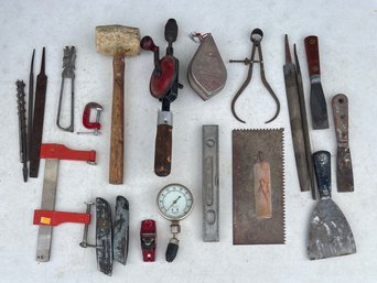 Vintage Tools - Hand Drill, 3' Planer, Sears Compression Tester, Rasps, Clamps, And More