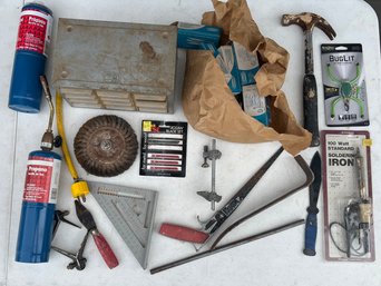 Assorted Hand Tools - Akro Mils Organizer, Lebiton Switches, Soldering Iron, Bug Light, Propane, And More