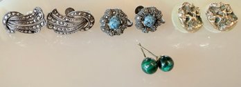 (4) Pairs Of Earrings - (2) Posts, (2) Serling Screw Backs Marcasite And Malachite