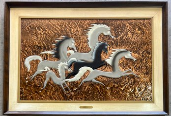 MCM Hammered Copper ' Ghost Herd ' Horses In Wood Frame