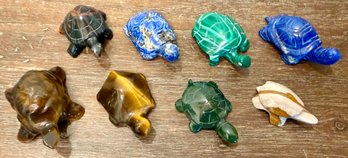 (8) Vintage Stone Hand Carved Turtles - Malachite, Blue Lapis, Tigers Eye, Jadeite, And More