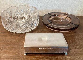 Cut Crystal Bowl (as Is), Aristocrat Silver Plate Cigar Box, Purple Heavy Art Glass Ashtray