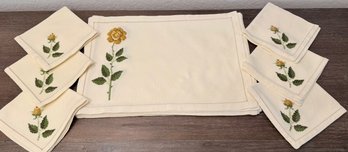 Hand Embroidered Yellow Rose 6 Piece Place Mat Set With Matching Napkins