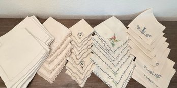 Lot Of Napkins - Hand Embroidered, Crochet Edges, And (12) William Sonoma 100 Percent Cotton