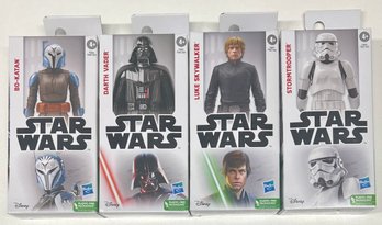 (4) 2022 Hasbro Star Wars Figurines In Boxes - Luke Skywalker, Darth Vader, Stormtrooper, And Bo Katan