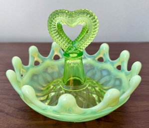 Antique Northwood Uranium Glass Open O Handled Dish