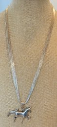 Gorgeous 20 Strand Liquid Silver 30 Necklace W Sterling Silver Horse Pendant Signed BS - 37.15 Grams