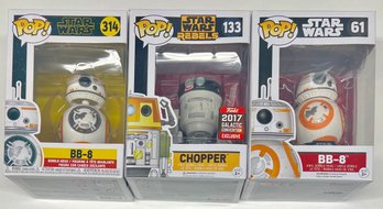Funko Pop Star Wars BB-8 314, Chopper 2017 Galactic Convention 133, BB-8 61 Bobbleheads In Boxes