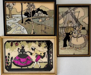 (3) Antique Foil Art Silhouettes Dutch Couple, Victorian Couple, And Swans