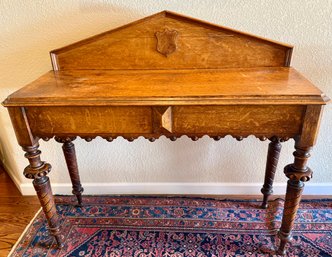 English Gothic Revival Chancel Table With Architectural Peaked Back Board Over Turned Legs Narrow Side Drawer