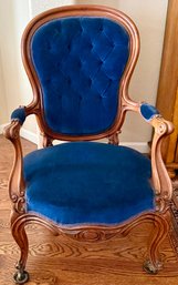 19th Century Mahogany Finger Molded Gentleman's Chair Blue Tufted Velvet - Pickup For This Item Sunday 12-2pm