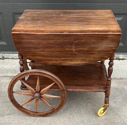 Vintage Drop Leaf Wooden Tea Cart With Wheels