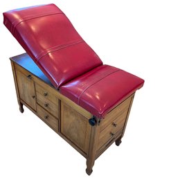 Vintage Red Leather Top Adjustable Back Exam Table With Metal Lined Drawers, Pull Out Step, And Foot Rest
