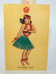 VINTAGE HAWAIIAN HULA DANCER GREETING CARD / CALENDAR - DATED 1945