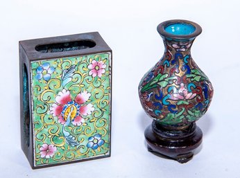TWO VINTAGE CLOISONNE / ENAMELED  PIECES --  MATCH BOX HOLDER AND MINI VASE