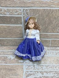 Vintage Porcelain Doll W/ Purple Velvet Dress & Hat  Curly Hair Victorian Style
