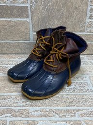 Sperry Top-Sider Womens Size 8 Duck Boots  Brown Leather & Blue Rubber Waterproof