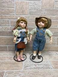 Pair Of Vintage Style Porcelain Dolls W/ Stands  Boy & Girl Country Outfit ~14'