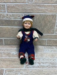 Vintage Porcelain Boy Doll W/ Christmas Outfit & Hat ~15' Holiday Decor