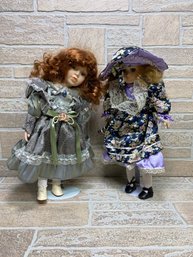 Lot Of 2 Vintage Style Porcelain Dolls W/ Stands ~ Victorian Floral Dresses ~ 16'