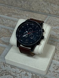 Mens Black Chronograph Style Watch W/ Brown Leather Band  Japan Movt  Untested