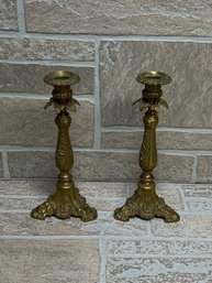 Pair Of Vintage Ornate Brass Candlesticks  Decorative Scroll Base, Classic Design