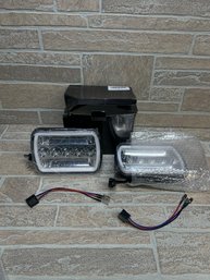 Pair Of LED Rectangular Headlights W/ DRL Halo  New In Box (Jeep / Truck Style)