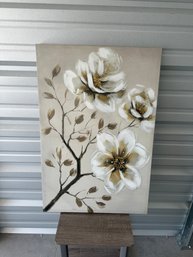 Large Hand-Painted Floral Canvas Wall Art  Neutral Tones W/ White & Gold Flowers (Approx. 36' X 24')