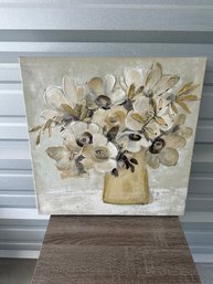 Textured Floral Canvas Wall Art  Neutral Tones Vase Painting  Approx. 18 X 18
