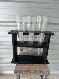 3-Tube Glass Vessel Display W/ Wooden Stand  Decorative Or Lab Style (As-Is)