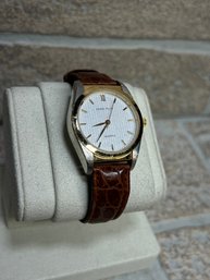 Perry Ellis Quartz Wristwatch  Gold Tone Case W/ Brown Leather Strap  Water Resistant