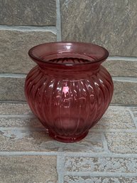 Vintage Style Red Glass Ribbed Vase / Planter  Bulb Shape  Translucent Cranberry Tone