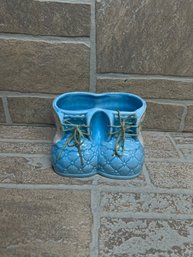 Vintage Style Ceramic Baby Booties Planter  Blue Glazed Double Shoe Vase  Nursery Decor