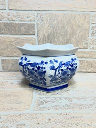 Blue & White Porcelain Floral Bird Planter / Cache Pot  Hexagon Shape