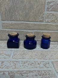 Set Of 3 Cobalt Blue Glass Apothecary Bottles W/ Cork Stoppers  Vintage Style