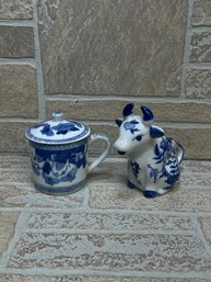Blue & White Porcelain Mini Creamer Cow Pitcher & Lidded Tea Cup Set (Baum Bros / China)