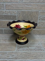 Hand Painted Floral Pedestal Bowl Scalloped Edge Decorative Centerpiece