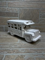 Ceramic School Bus Decorative Figurine  White Gloss Finish