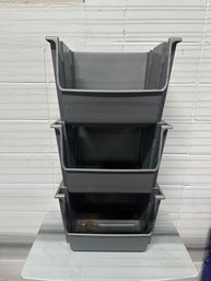 Set Of 3 Gray Plastic Stackable Storage Bins / Tote Containers