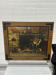 Vintage Solid Comfort Lippincott Framed Print  Fireside Interior Scene W/ Dog  Rustic Wood Frame