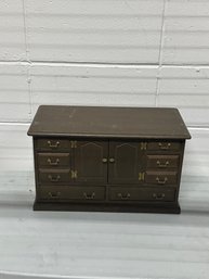 Vintage Wooden Jewelry Box Chest W/ Drawers & Cabinet Doors  Blue Lined Interior