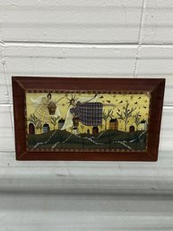 Vintage Folk Art Framed Print  Angels Over Village Scene  Cass Frames Signed Style