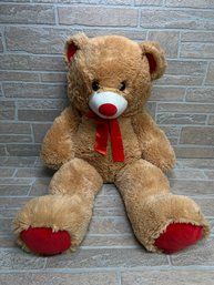 Large Plush Teddy Bear With Red Bow & Accent Paws