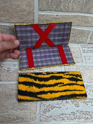 Pair Of Handmade Fabric-Covered Storage Cases Or Wallets  Tiger Print & Gold Floral Pattern