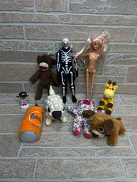 Mixed Toys & Plush Assortment Lot Including Barbie, Skeleton Figure, Disney Plush & More
